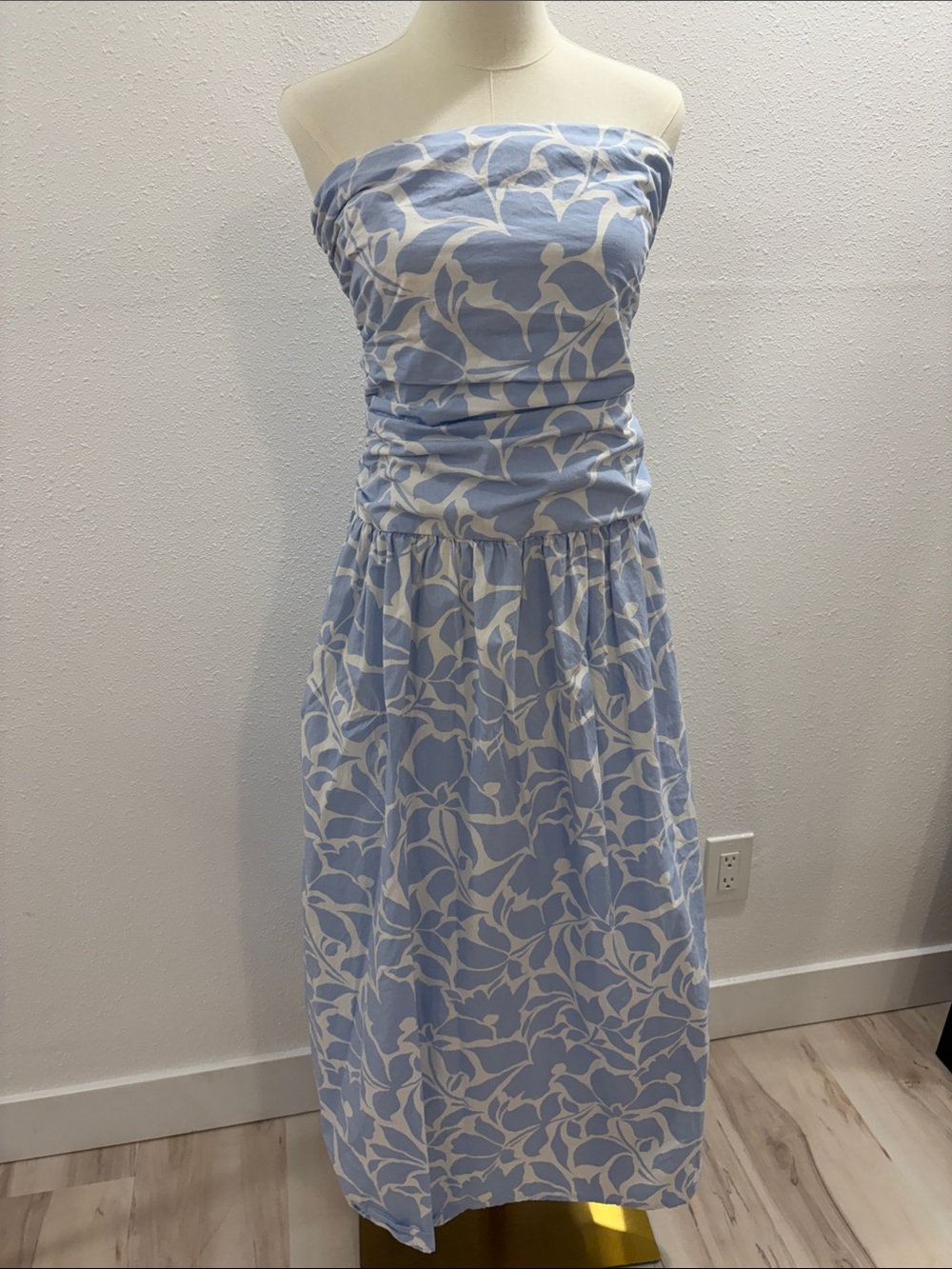 Strapless Light Blue & White Floral Midi Dress